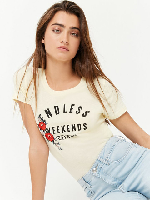 

FOREVER 21 Women Yellow Printed Round Neck T-shirt