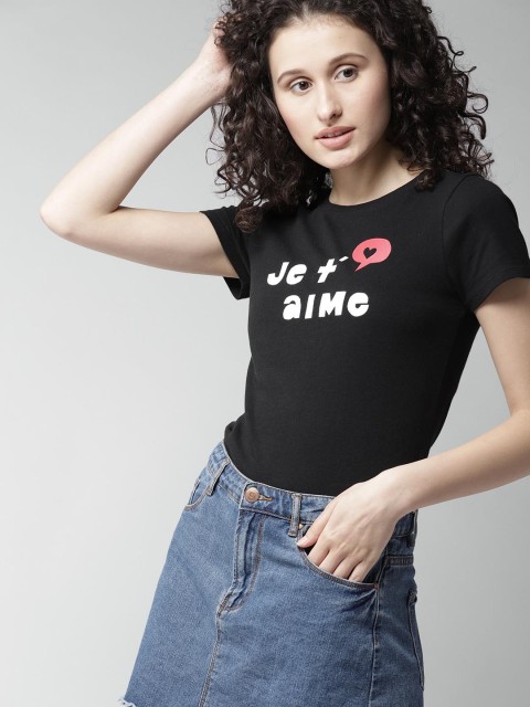 

FOREVER 21 Women Black Printed Round Neck T-shirt