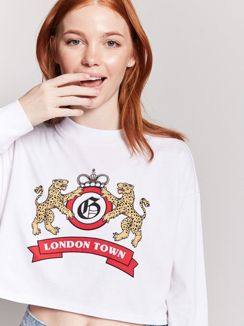 

FOREVER 21 Women White Printed Round Neck Crop T-shirt
