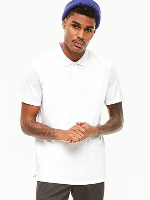 

FOREVER 21 Men White Solid Polo Collar T-shirt