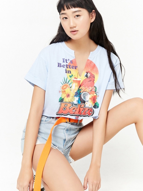 

FOREVER 21 Women Blue Printed Crop Top