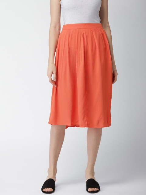 

FOREVER 21 Women Orange Pleated A-Line Skirt