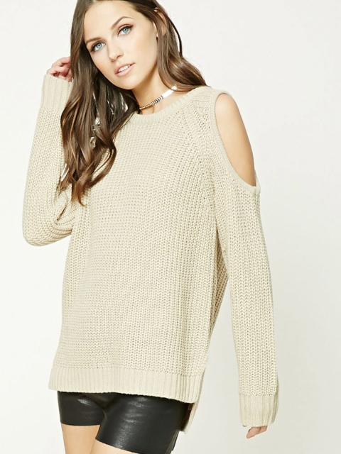 

FOREVER 21 Women Beige Cold Shoulder Solid Pullover