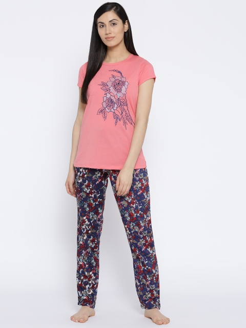 

MADAME M SECRET Women Coral Pink & Navy Solid Night Suit S8S30102 059