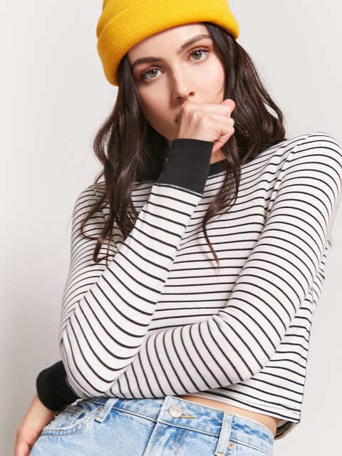

FOREVER 21 Women White Striped Round Neck Crop T-shirt