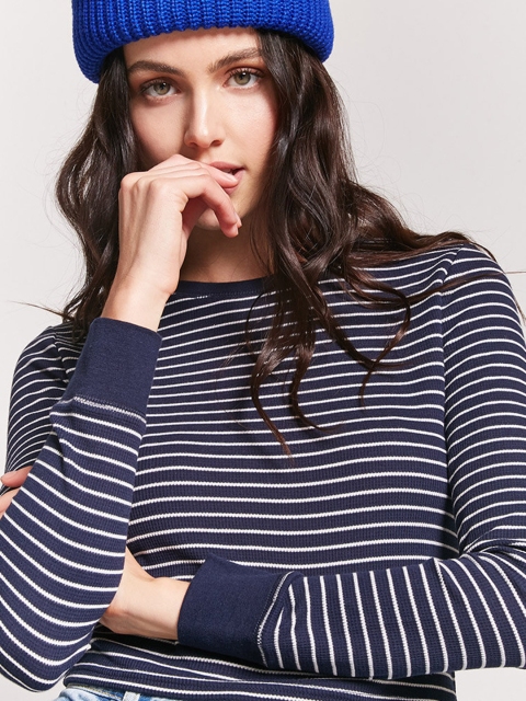 

FOREVER 21 Women Navy & White Striped Crop Fitted Top, Navy blue