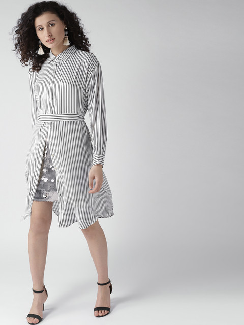 

FOREVER 21 Women White & Black Striped Longline Casual Shirt