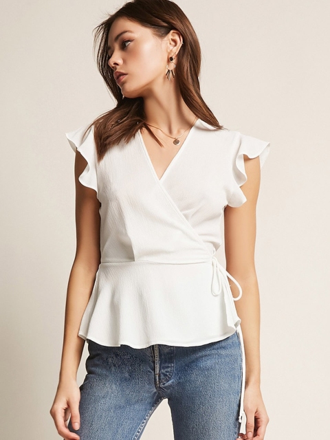 

FOREVER 21 Women Off-White Solid Wrap Top