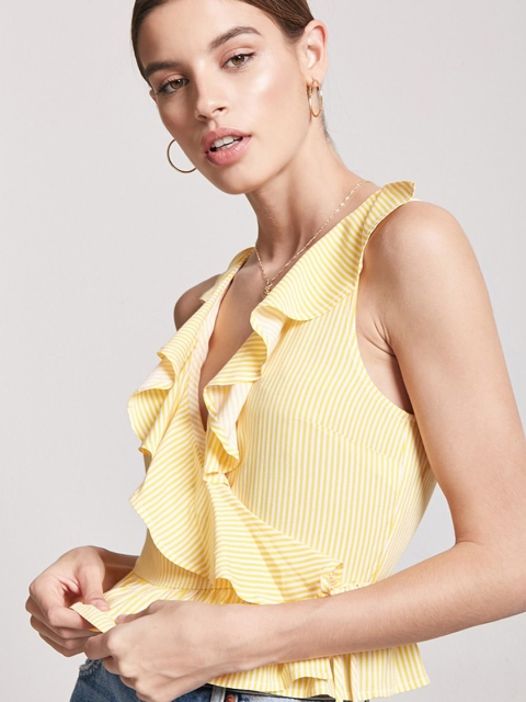 

FOREVER 21 Women Yellow & White Striped Wrap Top