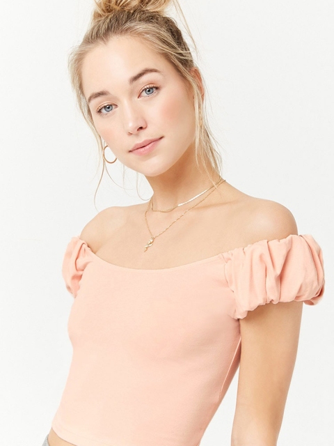 

FOREVER 21 Women Peach-Coloured Crop Bardot Top