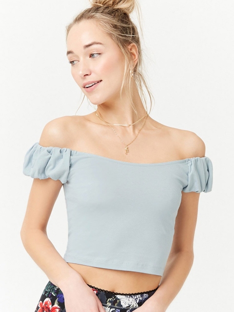 

FOREVER 21 Women Blue Solid Crop Bardot Top