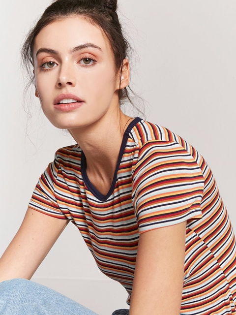 

FOREVER 21 Women Multicoloured Striped Round Neck T-shirt, Multi