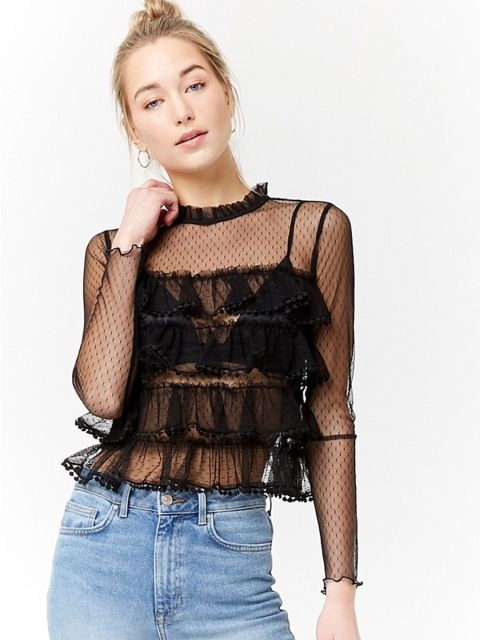 

FOREVER 21 Women Black Self Design Sheer Top