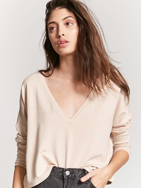 

FOREVER 21 Women Beige Solid Boxy Top