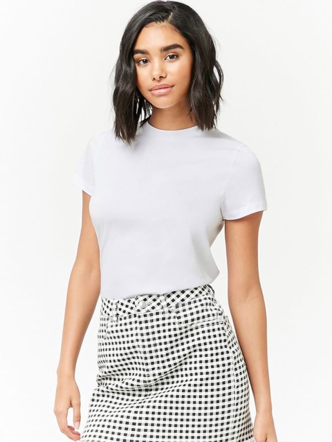

FOREVER 21 Women White Solid Round Neck T-shirt