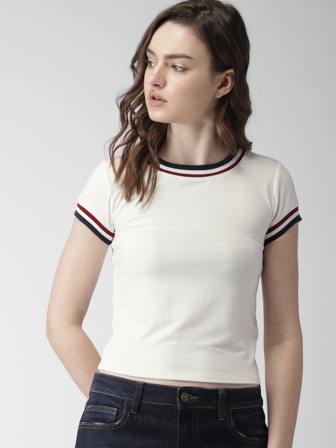 

FOREVER 21 Women White Solid Round Neck T-shirt