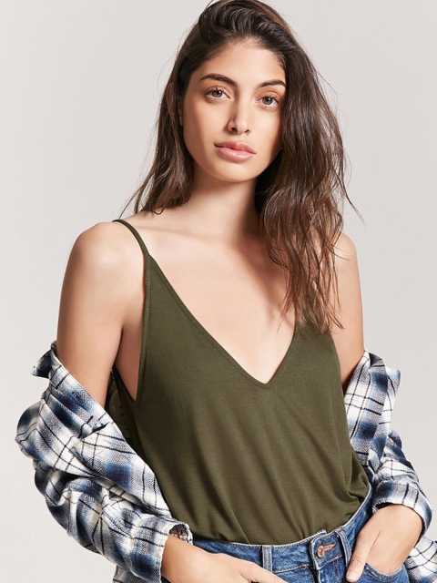 

FOREVER 21 Women Olive Green Solid A-Line Top