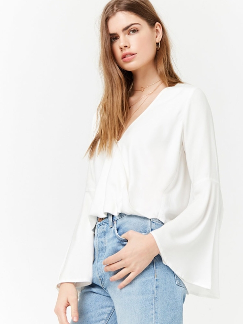 

FOREVER 21 Women White Solid Wrap Top