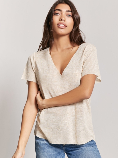 

FOREVER 21 Women Beige Solid Boxy Top