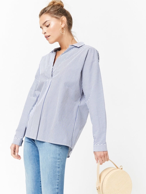

FOREVER 21 Women Blue & White Striped Styled Back Top