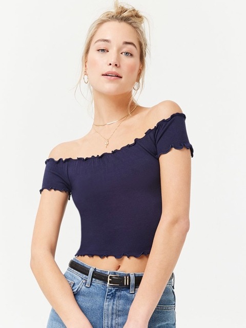 

FOREVER 21 Women Navy Blue Solid Bardot Top