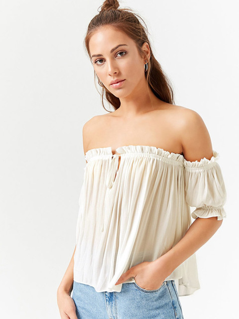 

FOREVER 21 Women Off-White Solid Bardot Top