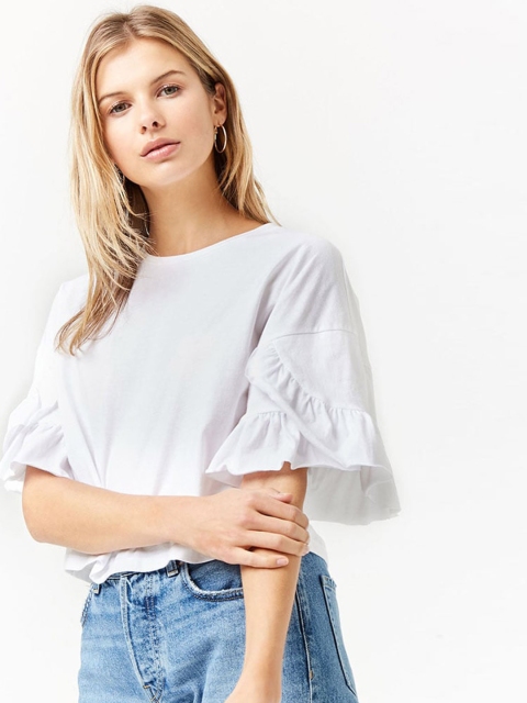 

FOREVER 21 Women Off-White Solid Crop Boxy Top