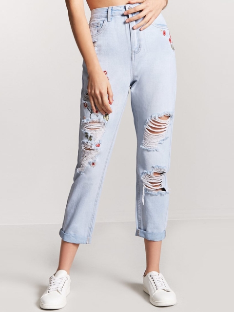 

FOREVER 21 Women Blue Straight Fit High-Rise Highly Distressed Cropped Jeans