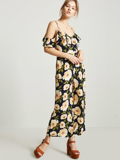 

FOREVER 21 Navy Blue & Off-White Floral Print Basic Jumpsuit