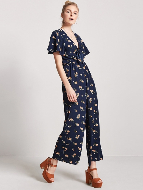 

FOREVER 21 Navy Blue Printed Basic Jumpsuit