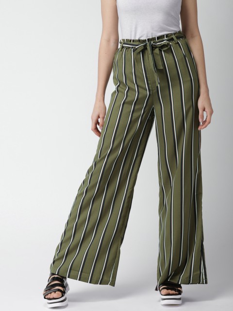 

FOREVER 21 Women Olive Green & Navy Regular Fit Striped Bootcut Trousers