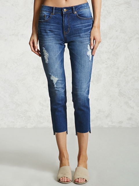 

FOREVER 21 Women Blue Regular Fit Mid-Rise Mildly Distressed Stretchable Jeans