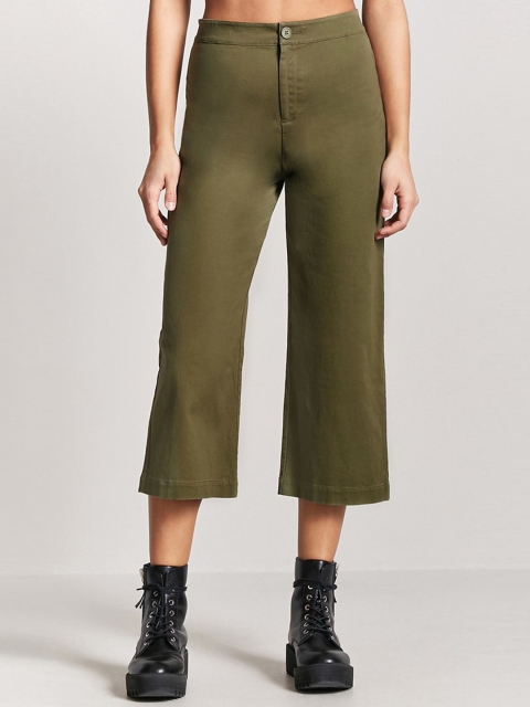 

FOREVER 21 Women Olive Green Regular Fit Solid Culottes