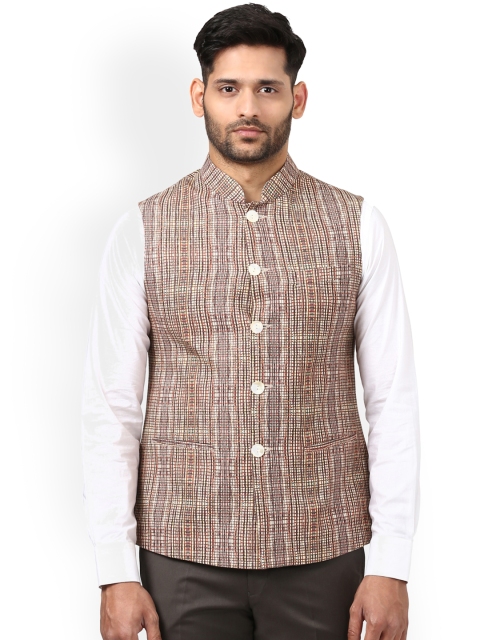 

ethnix by Raymond Men Brown Khadi Pure Cotton Printed Nehru Jacket