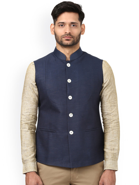 

Raymond Men Blue Khadi Pure Cotton Nehru Jacket