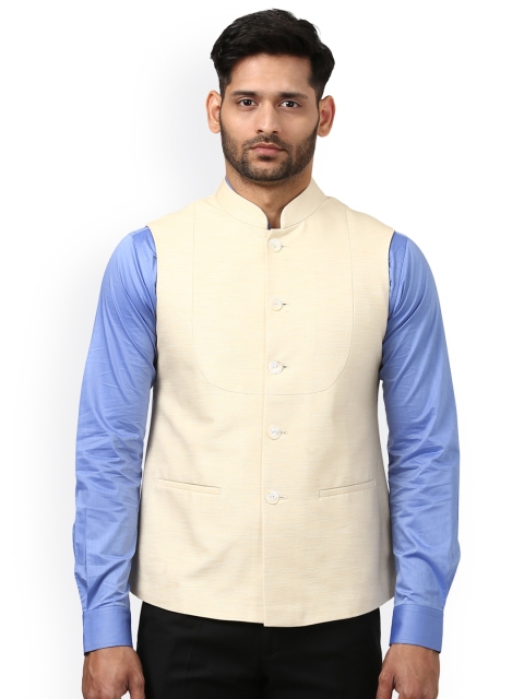 

Raymond Beige Blue Khadi Cotton Pure Cotton Nehru Jacket