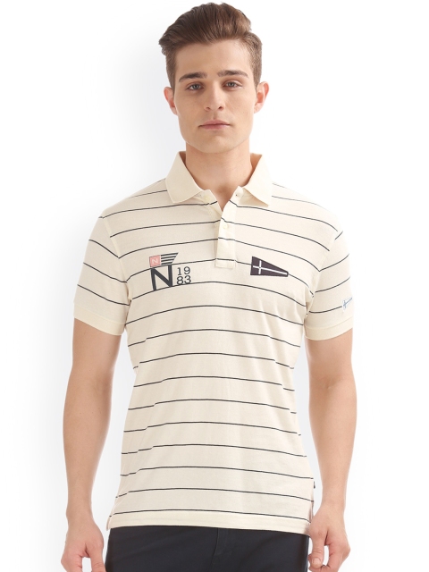 

Nautica Men Cream-Coloured Striped Polo Collar T-shirt