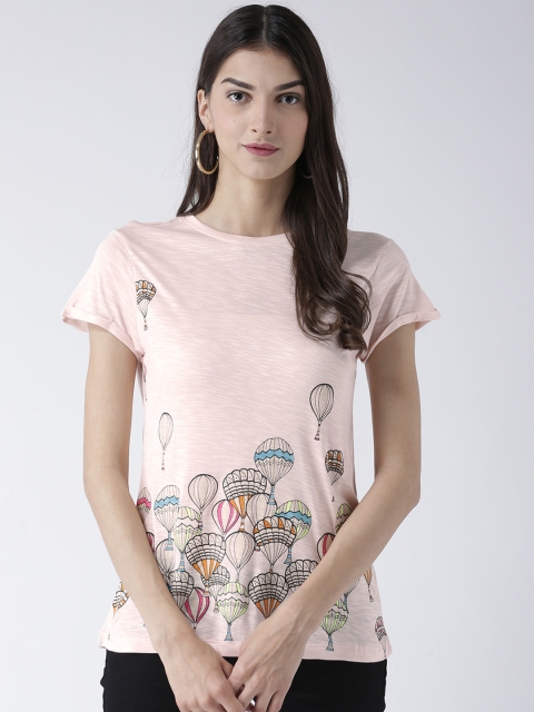 

109F Women Peach-Coloured Printed Round Neck T-shirt
