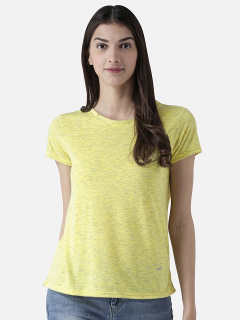 

109F Women Yellow Solid Round Neck T-shirt