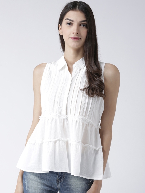 

109F Women Off-White Solid Tiered Pure Cotton Top
