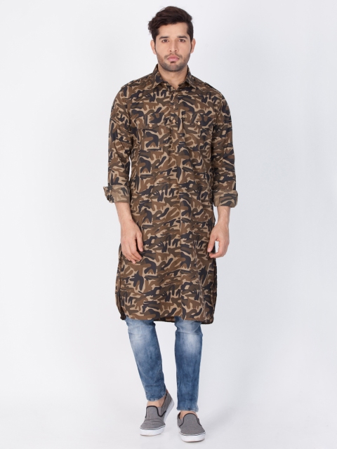 

VASTRAMAY Men Olive Green Printed Camouflage Pathani Kurta