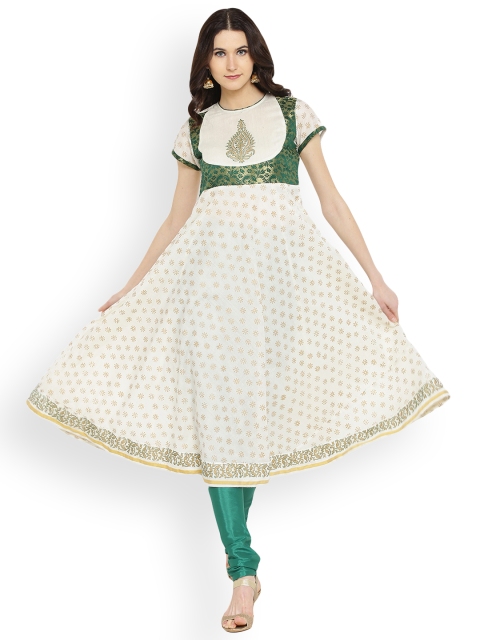 

Shakumbhari Women Cream-Coloured & Green Printed Anarkali Kurta