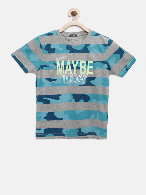 

Indian Terrain Boys Grey Melange & Blue Printed Round Neck T-shirt