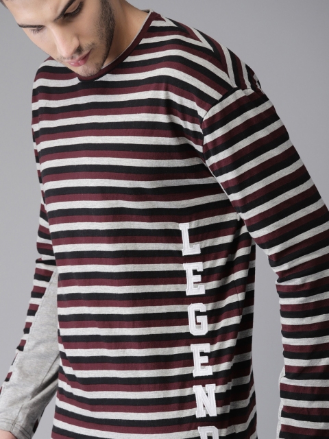 

Moda Rapido Men Maroon & Black Striped Round Neck T-shirt