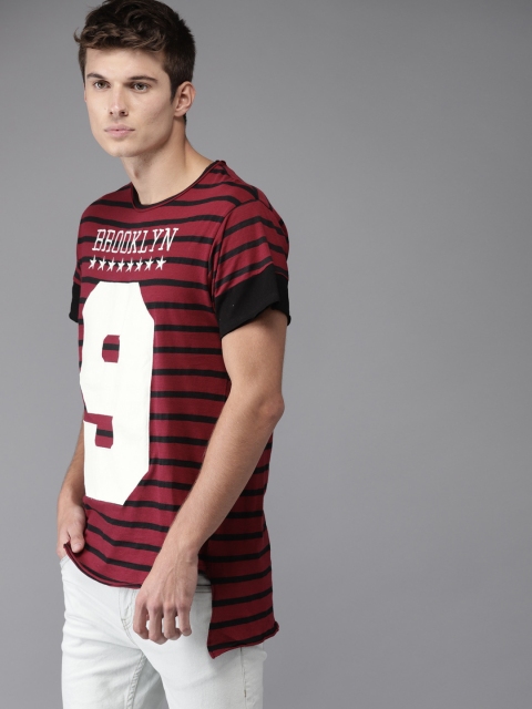 

Moda Rapido Men Maroon & Black Striped Slim Fit Round Neck High-Low T-shirt