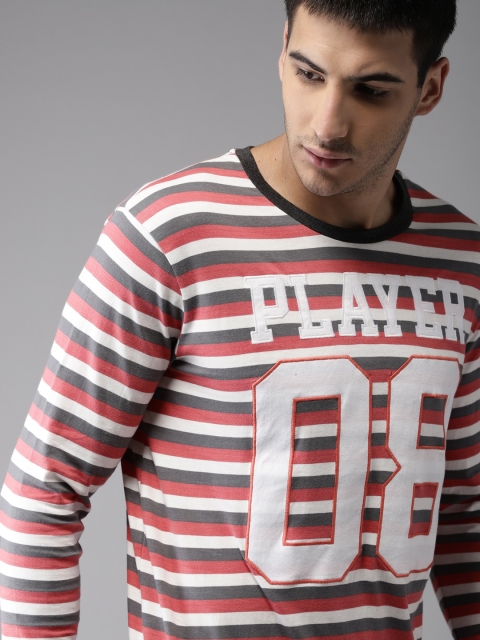 

Moda Rapido Men Peach-Coloured & Grey Striped Round Neck T-shirt