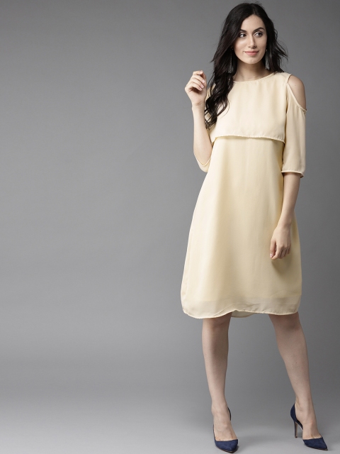 

HERE&NOW Women Beige Solid Layered Cold Shoulder A-Line Dress