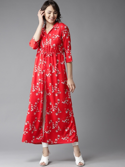 

Moda Rapido Women Red Floral Print High-Slit Kurta