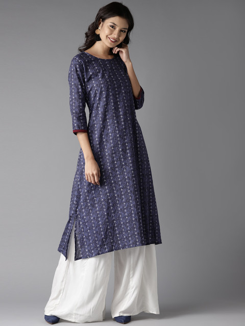 

Moda Rapido Women Navy Blue & Off-White Striped Straight Kurta