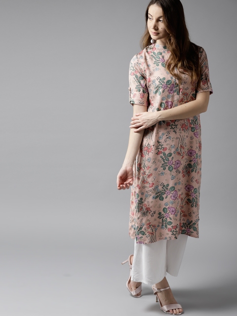 

Moda Rapido Women Pink & Green Floral Printed Straight Kurta